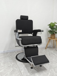 Chaise de barbier hydraulique en cuir synthétique noir, chaise de coiffure moderne pour salon, hauteur réglable, base ronde, mobilier de salon de coiffure - Product Image 4