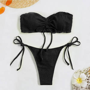 Ensemble bikini bandeau côtelé vert néon pour femme, maillot de bain deux pièces en maille extensible de couleur unie avec liens latéraux, tenue de plage - Product Image 4