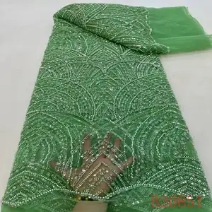 wholesale price polyester tulle french guipure sequins handmade bead embroidery lace fabric 5 yards