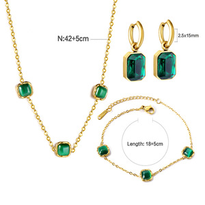 Geometric Square Green Stone Necklace <b>Bracelet</b> Earrings <b>Set</b> For Women Party Jewelry Zinc Alloy Bezel Setting 18+5cm 42+5cm - Product Image 1