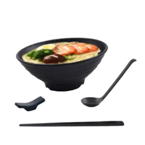 Melamine Large Ramen Bowls Set. Asian Chinese Japanese or Pho Soup 37oz. With Spoons, Chopsticks and Stands Complete Dinnerware.