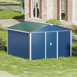 Grande 10 Ft. W X 10 Ft. D capannone esterno in metallo con porta scorrevole a prova di marciume blu FCJ per giardino giardino giardino giardino giardino