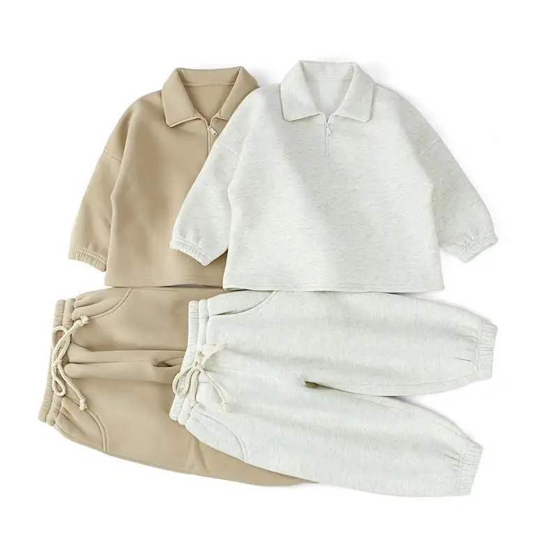Çocuk okul eşofman giysi setleri Polo boyun yarım Zip Hoodie kıyafetler Unisex bebek düz renk kazak giyim takım elbise