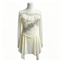 Robe de patinage artistique blanche ivoire pour enfants et adultes, à manches longues en maille, avec strass argentés et dos à volants, pour compétition et spectacle de patinage sur glace