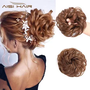 Aisi grosir rambut ekstensi ekor kuda coklat bundel pita rambut donat elastis untuk wanita wig rambut Chignons sintetis keriting