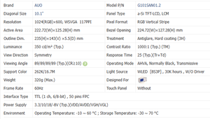 G101SAN01.2 Monitor LCD TFT Industrial de 10.1'' Nuevo y Original, Pantalla TFT de 1024*600, Proveedor de Pantallas LCD N101SAN01.0 - Product Image 3