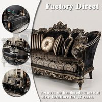 Ensemble de canapés de luxe noir et or élégant, canapé en bois sculpté de style royal turc avec table basse pour la décoration intérieure de grandes maisons