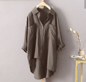 Camicia da <span class=keywords><strong>donna</strong></span> a maniche lunghe <span class=keywords><strong>in</strong></span> cotone e <span class=keywords><strong>lino</strong></span>, vestibilità ampia, con colletto a risvolto, tasche, tinta unita, abbottonatura singola - Product Image 5