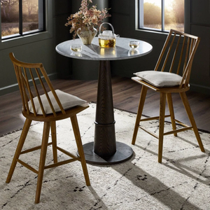 Tabouret de bar haut durable Lewis Windsor en bois de chêne, cuir véritable, lin et coton pour bar à domicile et salle à manger - Product Image 1