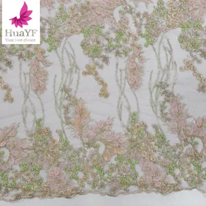 Exclusive french peach 3d flower chiffon applique beaded lace with pearls and sequins wedding bridal lace dress fabric HY1426-4
