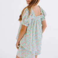 Ensemble assorti décontracté en gaze de coton à imprimé floral, col carré, manches bouffantes et volants pour femme - Fabricant