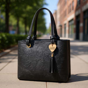 Sac à main en cuir noir pour femme Fana Kara, style minimaliste, fermeture ouverte, décorations à pompons, utilisation estivale, forme rectangulaire, deux poignées - Product Image 2