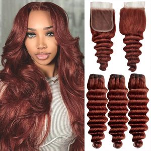 Fasci di <span class=keywords><strong>capelli</strong></span> brasiliani con chiusura in pizzo bruno-rosso <span class=keywords><strong>ramato</strong></span> marrone sciolto onda profonda 3 fasci e <span class=keywords><strong>capelli</strong></span> umani - Product Image 1