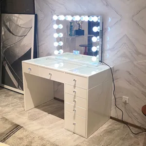 stock in U.S luxury wooden bedroom sets high glossy painting 7 drawers dressing table 2022 wooden luxury makeup vanity table set