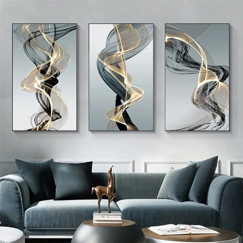 Black Gold Line Canvas Painting Posters Ribbons Pictures Modern Print Nordic Office Decor abstract leaf wall art decor