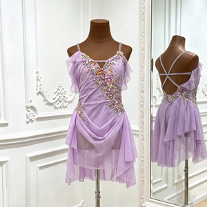 Traje de Danza Contemporánea Lírica con Pedrería Lavanda, Vestido Asimétrico de Malla para Ballet, Danza Jazz y Actuaciones Escénicas con Cuello Halter - Product Image 3