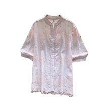 Chemisier d'été décontracté pour femme à col montant, manches courtes bouffantes, broderie en dentelle, coupe ample, idéal pour le quotidien