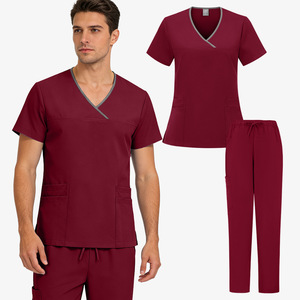 Unisex Medical Scrub Set Burgundy V-Neck Top Pants Moisture Wicking Hospital Uniforms - Product Image 1