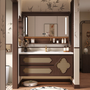 Meuble de salle de bain intelligent moderne et innovant en bois massif avec lavabo intégré en céramique peinte - Product Image 2