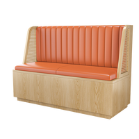 Tables, chaises, banquettes et ensembles de canapés contemporains XZY pour restaurants, cafés, bars et fast-foods, en bois orange et cuir.