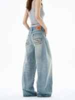 Celana Jeans Wanita Model Kaki Lengkung Vintage Monkey Washed Lebar Longgar High Waist Denim Streetwear Grosir
