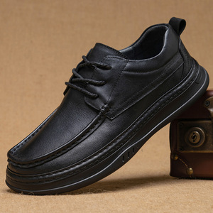 Chaussures habillées en cuir véritable pour hommes, à bout rond, à lacets, semelle souple en caoutchouc, style automne uni, pour le bureau et la carrière - Product Image 1