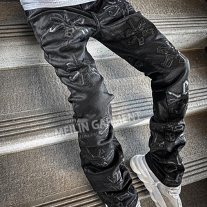 Custom Streetwear Fashion Applique logo High Waist Pu Flare Sweat <b>Trousers</b> <b>Faux</b> <b>Leather</b> Stacked Pants for <b>Men</b> - Product Image 3