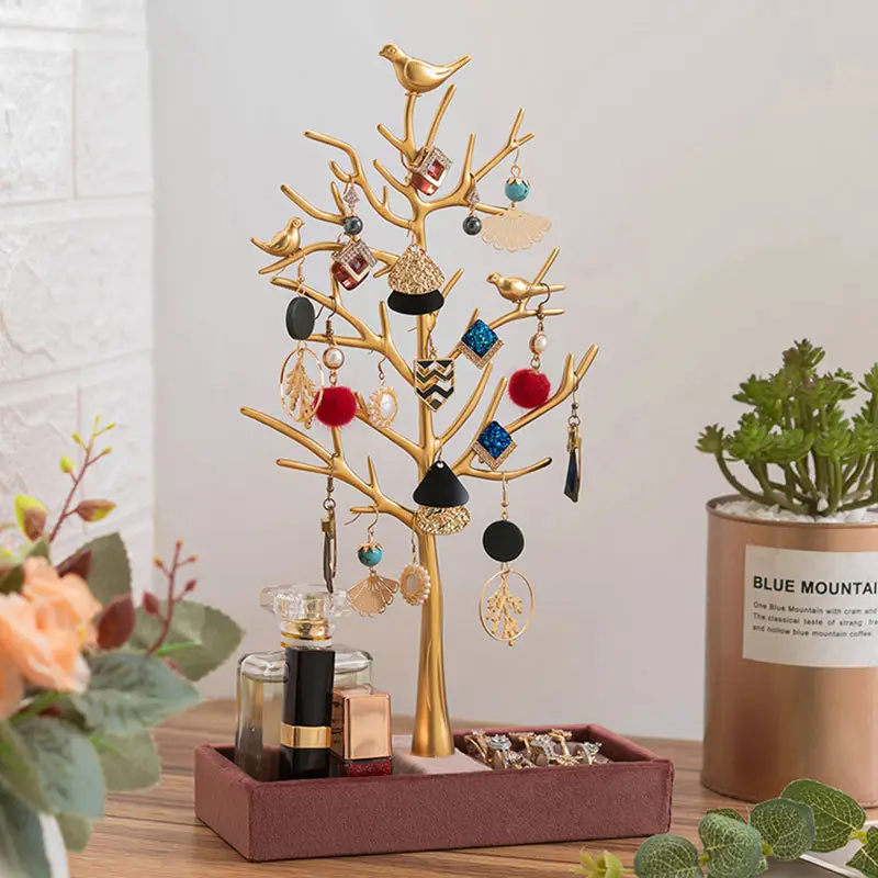 Soporte de joyería en forma de árbol dorado, diseño moderno de estilo INS multifuncional con fondo