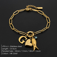 Bracelet chaîne trombone en acier inoxydable plaqué or 14K pour femme, avec breloques lettre G, cœur, poisson et zircon bleu, bijoux Emanco