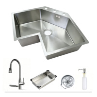 Évier de cuisine d'angle en acier inoxydable 304 en forme de L, à poser sur comptoir, en stock, avec robinet et tous les accessoires inclus