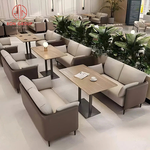 Ensemble de mobilier de restaurant moderne, canapé en tissu beige et brun foncé <span class=keywords><strong>avec</strong></span> bancs et tables basses en bois pour cafés et restaurants - Product Image 2