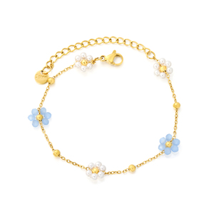 Pulsera de Mujer con Perlas y Flores de Acero Inoxidable Chapado en Oro de 18K - Diseño Floral Azul y Blanco, Hipoalergénica e Impermeable - Product Image 1