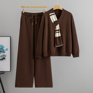 Ensemble de pull à col en V pour femmes, haut à manches longues en tricot avec pantalon large, tenue deux pièces tendance automne-hiver - Product Image 4