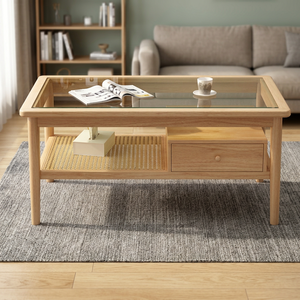 Mesa de Centro Moderna de Madera con Tapa de Vidrio Templado, Cajón de Almacenamiento, Diseño Escandinavo, Muebles para Sala de Estar - Product Image 3