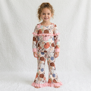 Ensemble pyjama décontracté pour filles, imprimé citrouille, sans manches, écologique, avec volants, pantalon confortable en Spandex/Polyester - Product Image 1
