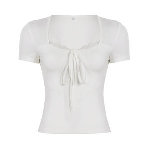 Top Ajustado con Cuello Cuadrado y Lazo Decorativo, Manga Corta, Ribete de Encaje, Tejido de Punto, Estampado Digital Sólido - Product Image 5