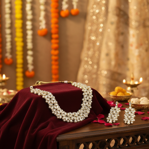 Conjunto de collar de perlas y piedra Kundan chapado en oro real, joyería india tradicional para bodas y ocasiones festivas - Product Image 3