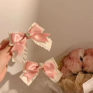 French-style gentle pink heart <b>bow</b> hair <b>clip</b>, girlish and forest-style fairy-like hair accessory, half-up hairstyle - Product Image 1