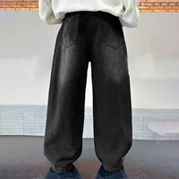 Jeans rétro pour garçons, noirs délavés, taille élastique, coupe large, pantalon en denim, style streetwear tendance, avec poches, personnalisé