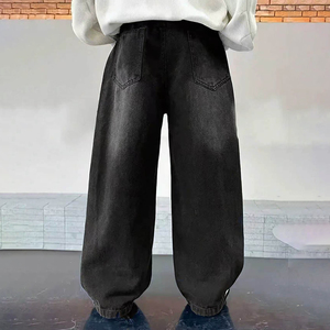 Jeans rétro pour garçons, noirs délavés, taille élastique, coupe large, pantalon en denim, style streetwear tendance, avec poches, personnalisé - Product Image 2
