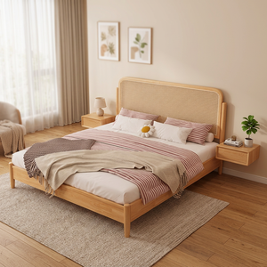 Cadre de lit de massage minimaliste en bois de manguier avec revêtement en cuir, tête de lit tressée de style mid-century moderne, design avec sommier intégré, taille King - Product Image 3