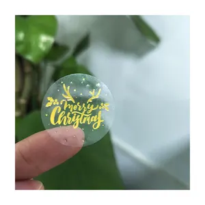 사용자 정의 인쇄 로고 자체 접착 투명 금박 원형 스티커 비닐 투명 라벨 메리 크리스마스 태그