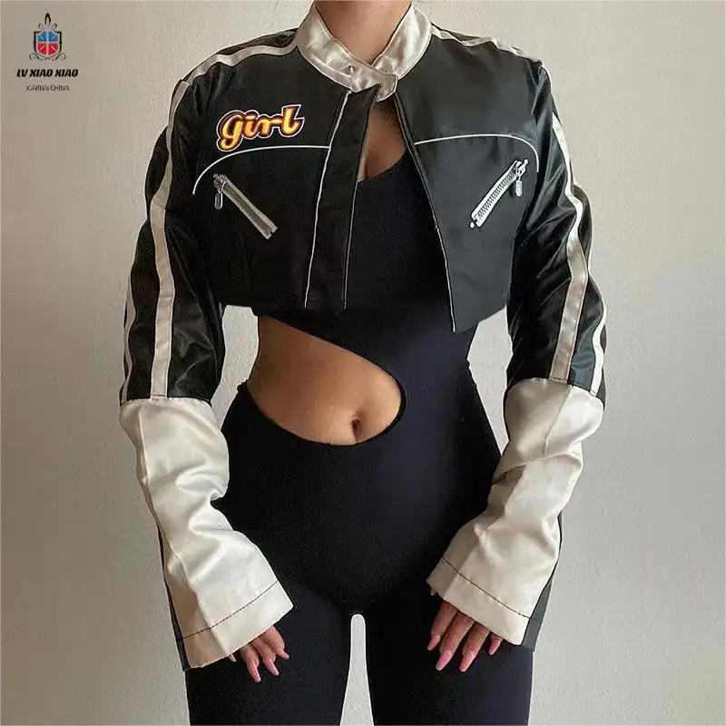 LXX4628 2022 New Fashion Pu Leather Motorcycle Jacket Zipper Crop Coats For Women Patchwork Leather Short Jacket For Women