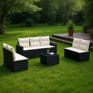 Conjunto de Sofá de Jardín de Ratán Negro con Cojines, Muebles de Exterior de 6 Plazas, Diseño Contemporáneo - Product Image 2