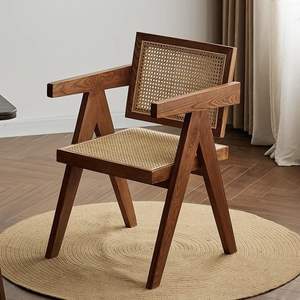 Silla de Ratán de Madera Maciza Color Nogal con Reposabrazos, Estructura de Roble de 2.5 cm de Grosor, Silla de Salón de Estilo Nórdico - Product Image 4