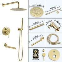 Système de douche encastré brossé en laiton avec pommeau de douche carré effet pluie, mitigeur mural moderne pour salle de bain