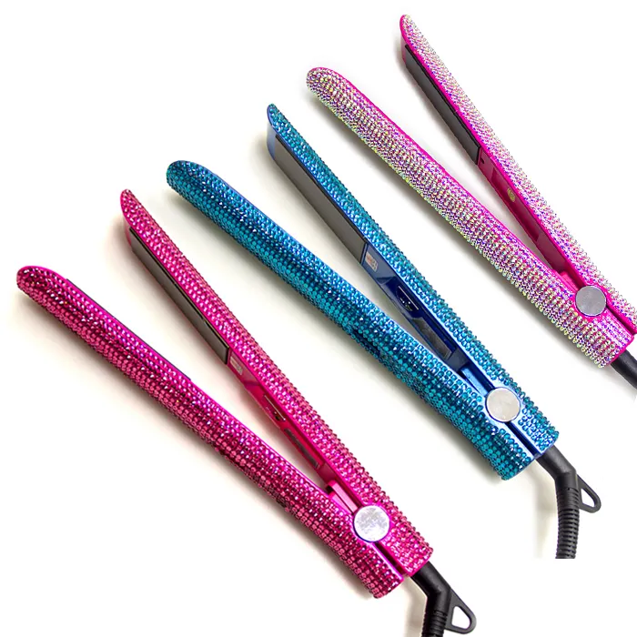 Planchas de revestimiento de titanio Plancha de pelo personalizada con diamantes De Cabello Diamond Nano Professional Flat Iron LCD