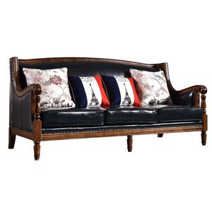 Divano Combinato in Stile Retrò Americano con Legno Massello e Vera Pelle, per Soggiorno, Villa e Arredamento Domestico - Product Image 4