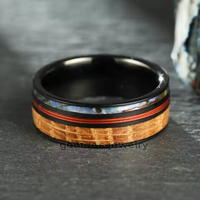 Gentdes Jewelry New Design Red Fishing Line and Abalone Inlay Tungsten Band for Men Whiskey Barrel Wood Ring