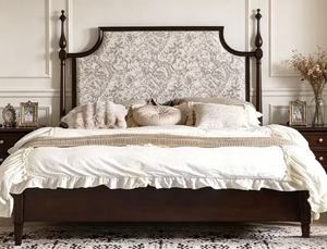 Premium Queen Size Upholstered <b>Bed</b> With Floral Fabric Tall Headboard For Vintage Bedroom - Product Image 1